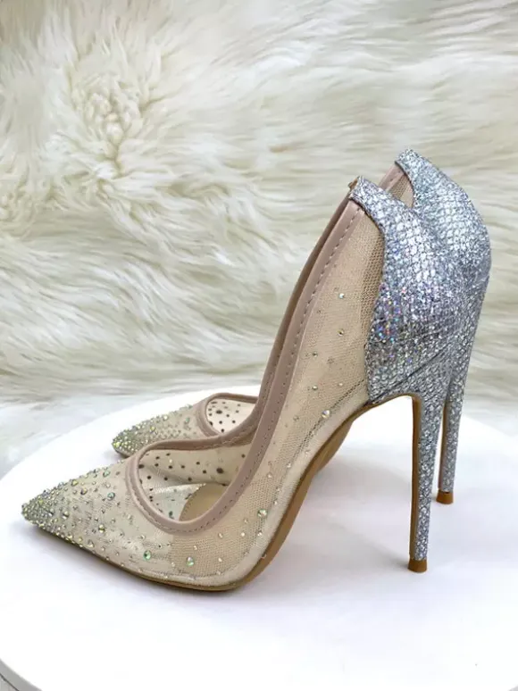 High Heel Party Shoes Mesh Rhinestones Pointed Toe Stiletto Heel Wedding Shoes