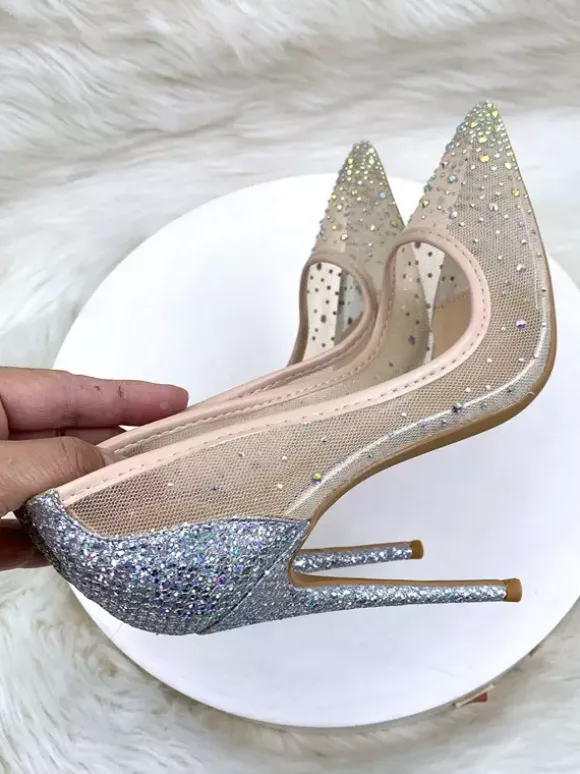 High Heel Party Shoes Mesh Rhinestones Pointed Toe Stiletto Heel Wedding Shoes