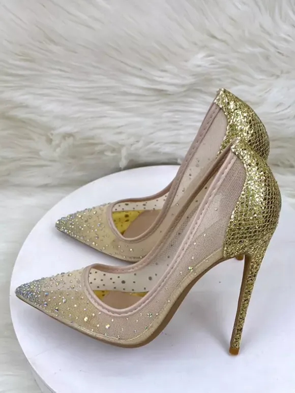 High Heel Party Shoes Mesh Rhinestones Pointed Toe Stiletto Heel Wedding Shoes