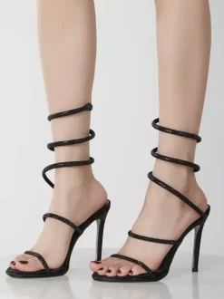 High Heel Prom Shoes Black Opem Toe Rhinestones Strappy Sandal Shoes