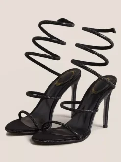 High Heel Prom Shoes Black Opem Toe Rhinestones Strappy Sandal Shoes