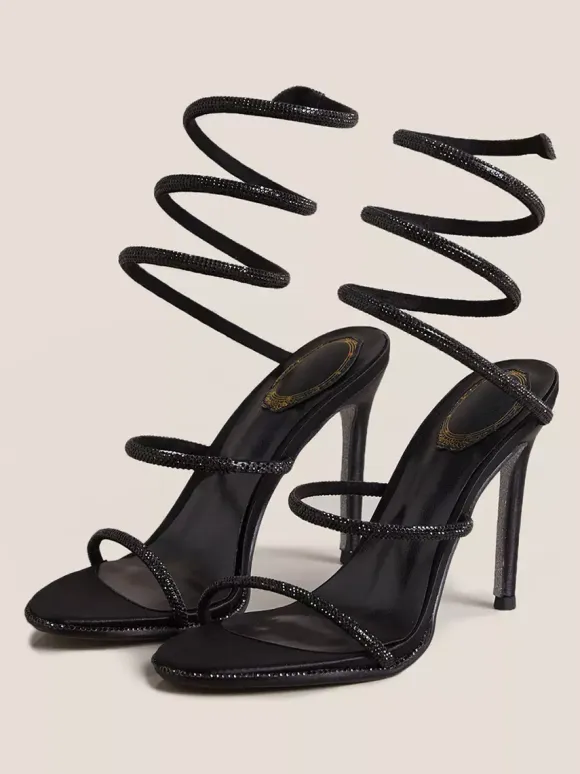 High Heel Prom Shoes Black Opem Toe Rhinestones Strappy Sandal Shoes