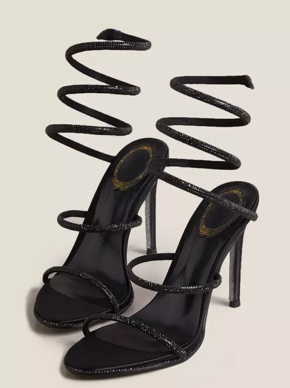 High Heel Prom Shoes Black Opem Toe Rhinestones Strappy Sandal Shoes