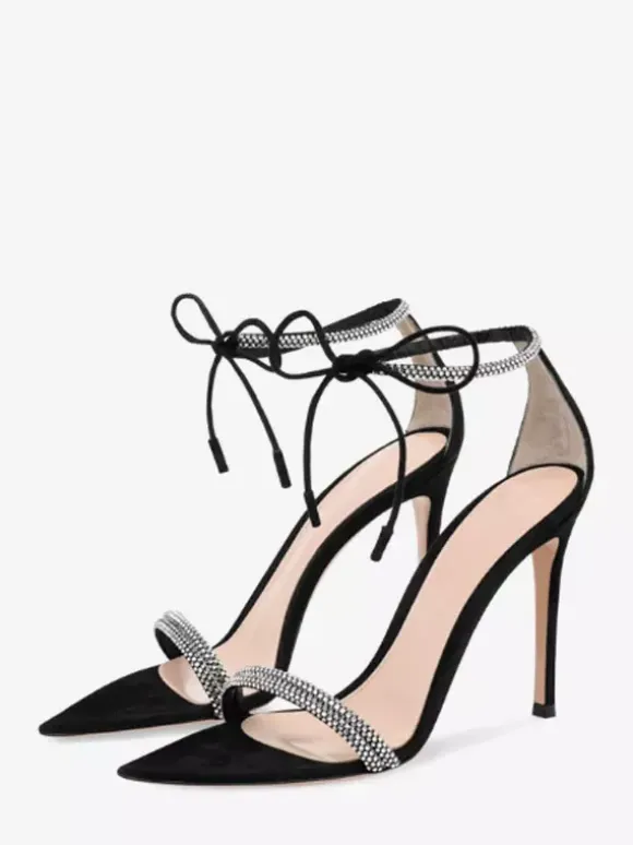 High Heel Sandals Black Open Toe Rhinestones Ankle Strap Sandal Shoes