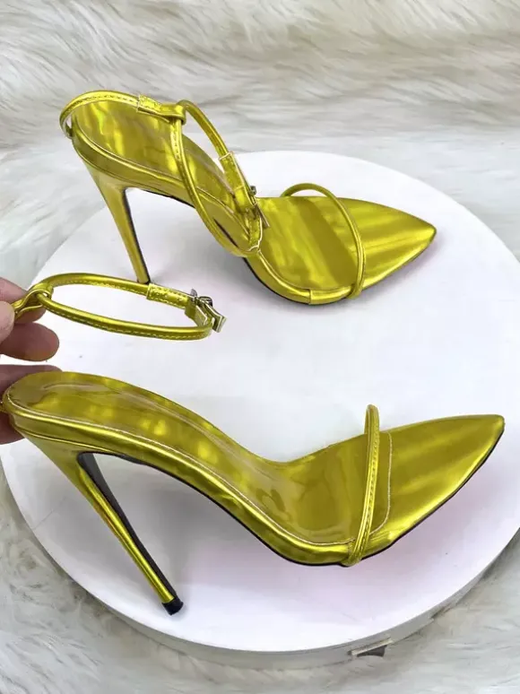 High Heel Sandals Metallic Open Toe Ankle Strap Party Shoes