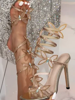 High Heel Sandals Open Toe Rhinestones Butterflies Detail Strappy Party Shoes