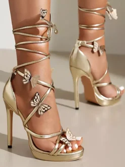 High Heel Sandals Silver Open Toe Lace Up Butterflies Detail Party Shoes