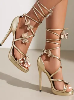 High Heel Sandals Silver Open Toe Lace Up Butterflies Detail Party Shoes