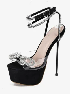 High Heel Sexy Sandals Black PU Leather Round Toe High(1.6-2.6") Rhinestones 6.3" Sexy Shoes