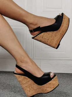 High Heel Sexy Sandals Black PU Leather Open Toe 1.8