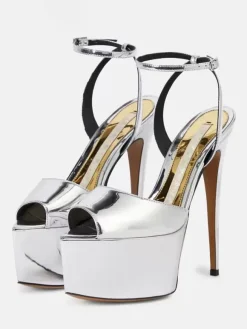 High Heel Sexy Sandals Silver PU Leather Pointed Toe Buckle Sexy Shoes
