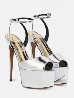 High Heel Sexy Sandals Silver PU Leather Pointed Toe Buckle Sexy Shoes
