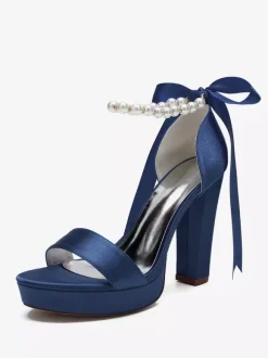 High Heel Wedding Shoes Platform Pearls Lace Up Bow Ankle Strap Party Shoes
