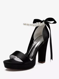 High Heel Wedding Shoes Platform Pearls Lace Up Bow Ankle Strap Party Shoes