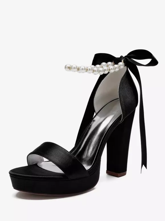 High Heel Wedding Shoes Platform Pearls Lace Up Bow Ankle Strap Party Shoes