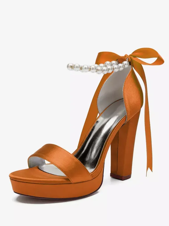 High Heel Wedding Shoes Platform Pearls Lace Up Bow Ankle Strap Party Shoes
