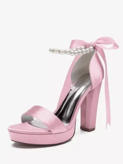High Heel Wedding Shoes Platform Pearls Lace Up Bow Ankle Strap Party Shoes