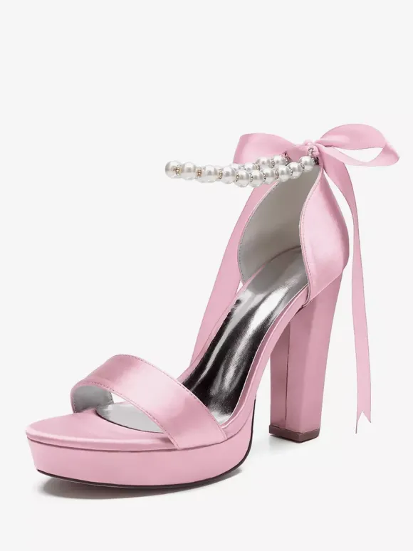 High Heel Wedding Shoes Platform Pearls Lace Up Bow Ankle Strap Party Shoes