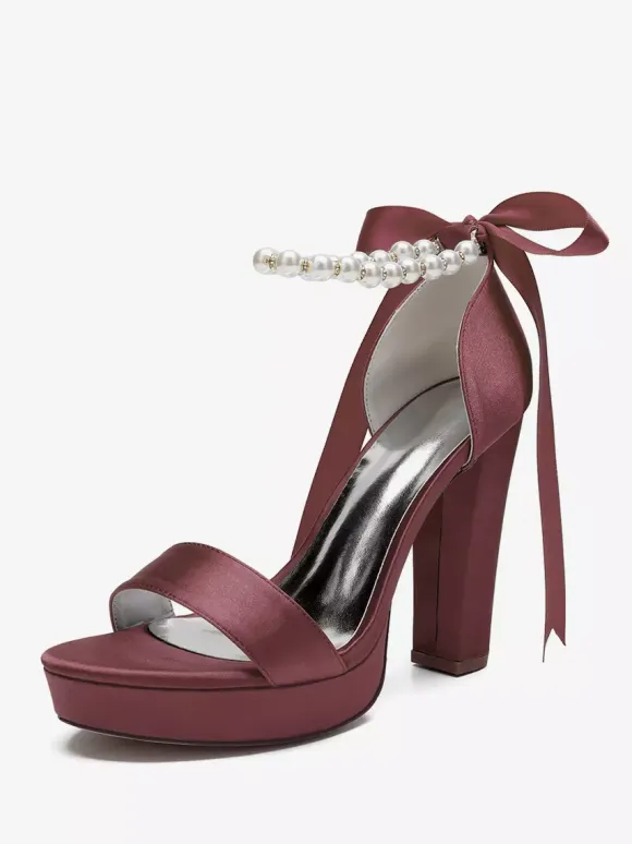 High Heel Wedding Shoes Platform Pearls Lace Up Bow Ankle Strap Party Shoes