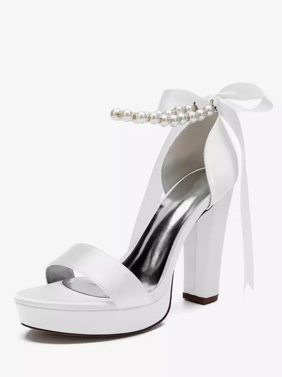 High Heel Wedding Shoes Platform Pearls Lace Up Bow Ankle Strap Party Shoes