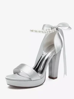 High Heel Wedding Shoes Platform Pearls Lace Up Bow Ankle Strap Party Shoes