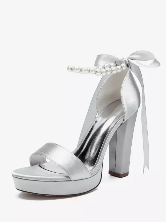 High Heel Wedding Shoes Platform Pearls Lace Up Bow Ankle Strap Party Shoes
