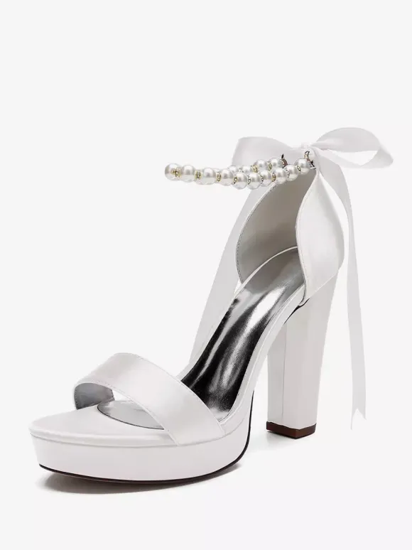 High Heel Wedding Shoes Platform Pearls Lace Up Bow Ankle Strap Party Shoes
