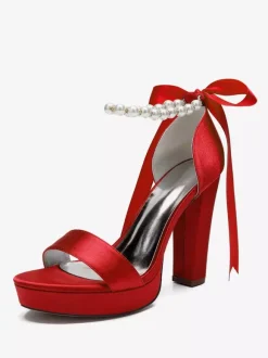 High Heel Wedding Shoes Platform Pearls Lace Up Bow Ankle Strap Party Shoes