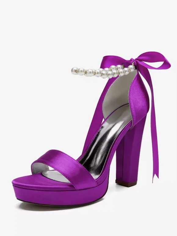 High Heel Wedding Shoes Platform Pearls Lace Up Bow Ankle Strap Party Shoes