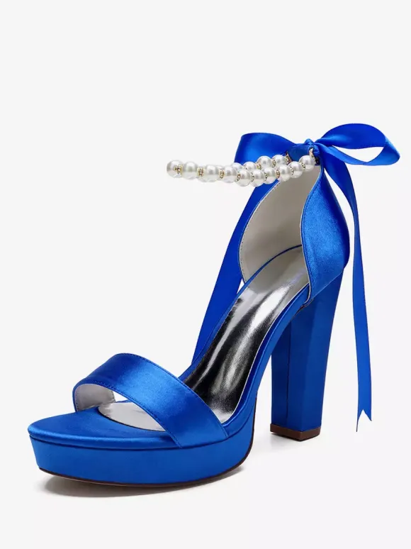 High Heel Wedding Shoes Platform Pearls Lace Up Bow Ankle Strap Party Shoes