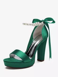 High Heel Wedding Shoes Platform Pearls Lace Up Bow Ankle Strap Party Shoes