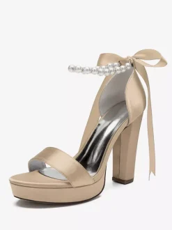 High Heel Wedding Shoes Platform Pearls Lace Up Bow Ankle Strap Party Shoes
