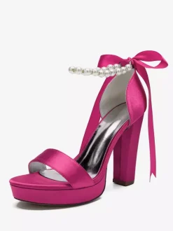 High Heel Wedding Shoes Platform Pearls Lace Up Bow Ankle Strap Party Shoes