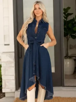 High Low Denim Midi Dress For Women - Medium Wash Sleeveless Bow Tie Waist Gown With Pockets - Summer Festival Wear 2026