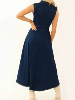 High Low Denim Midi Dress For Women - Medium Wash Sleeveless Bow Tie Waist Gown With Pockets - Summer Festival Wear 2026