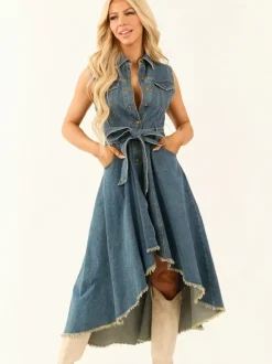 High Low Denim Midi Dress For Women - Medium Wash Sleeveless Bow Tie Waist Gown With Pockets - Summer Festival Wear 2026