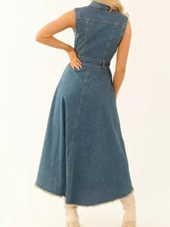High Low Denim Midi Dress For Women - Medium Wash Sleeveless Bow Tie Waist Gown With Pockets - Summer Festival Wear 2026