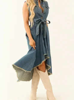 High Low Denim Midi Dress For Women - Medium Wash Sleeveless Bow Tie Waist Gown With Pockets - Summer Festival Wear 2026