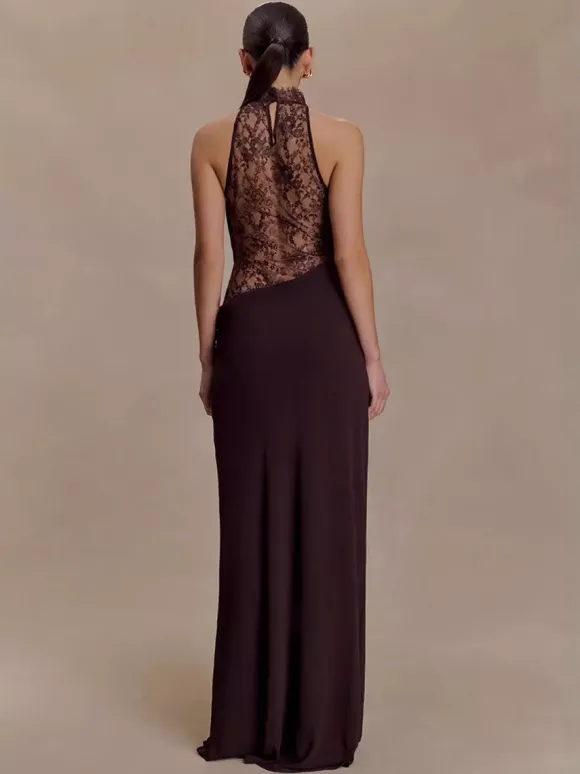 High Neck Lace Patchwork Cutout Sleeveless Maxi Bodycon Dress For Women 2026