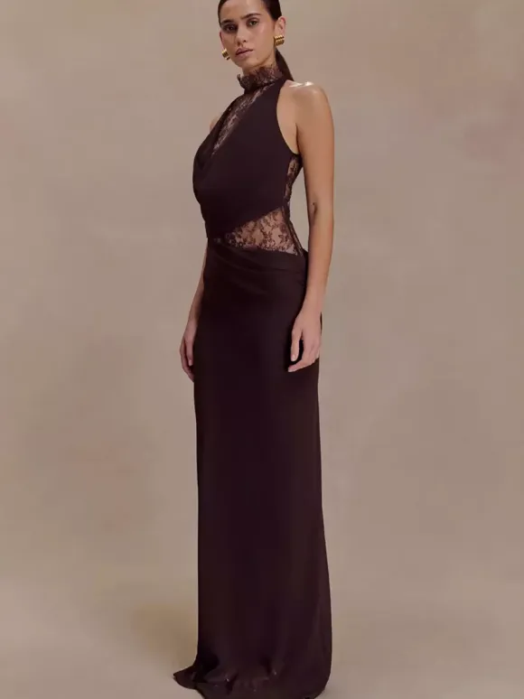 High Neck Lace Patchwork Cutout Sleeveless Maxi Bodycon Dress For Women 2026