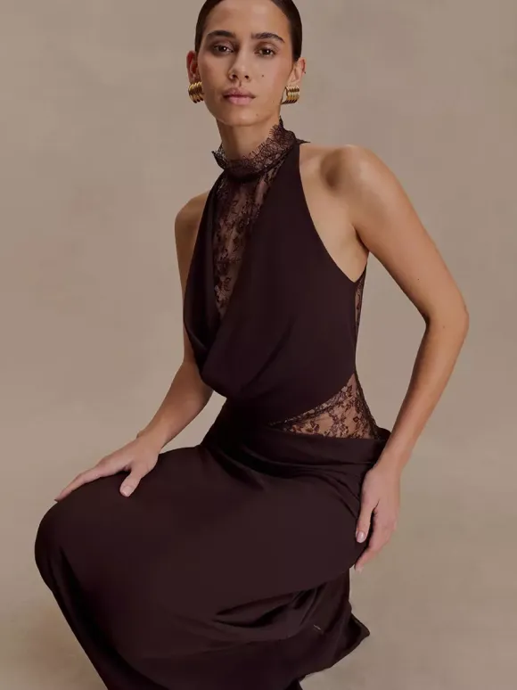 High Neck Lace Patchwork Cutout Sleeveless Maxi Bodycon Dress For Women 2026