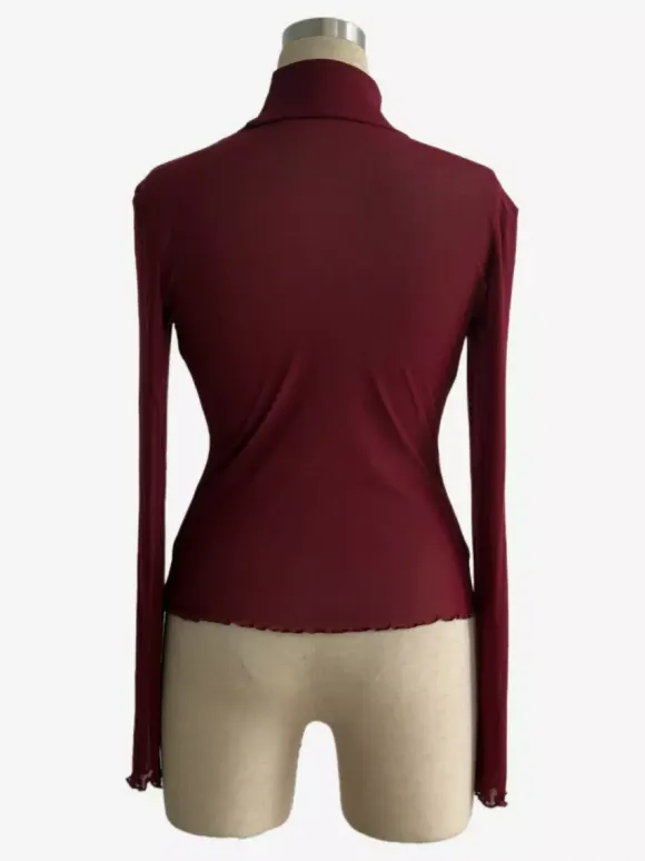 High Neck Long Sleeve Mesh Base Layer Top With Lettuce Edge For Women 2026