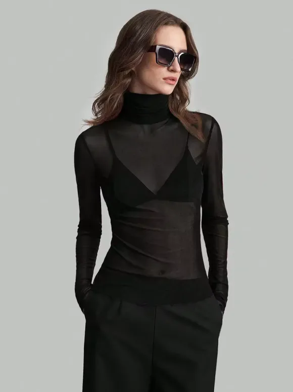 High Neck Long Sleeve Mesh Base Layer Top With Lettuce Edge For Women 2026