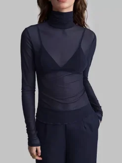 High Neck Long Sleeve Mesh Base Layer Top With Lettuce Edge For Women 2026