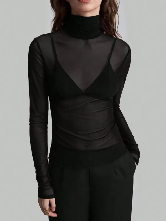 High Neck Long Sleeve Mesh Base Layer Top With Lettuce Edge For Women 2026