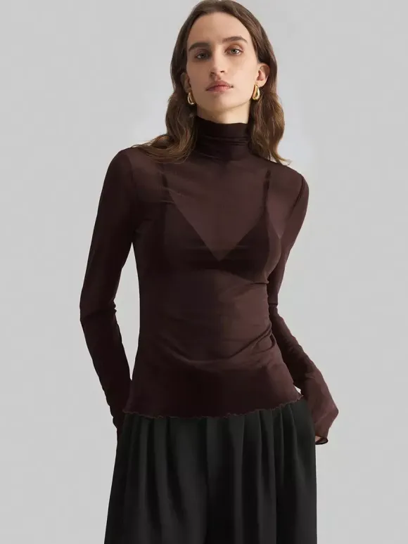 High Neck Long Sleeve Mesh Base Layer Top With Lettuce Edge For Women 2026