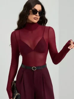High Neck Long Sleeve Mesh Base Layer Top With Lettuce Edge For Women 2026