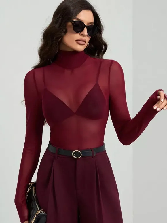 High Neck Long Sleeve Mesh Base Layer Top With Lettuce Edge For Women 2026