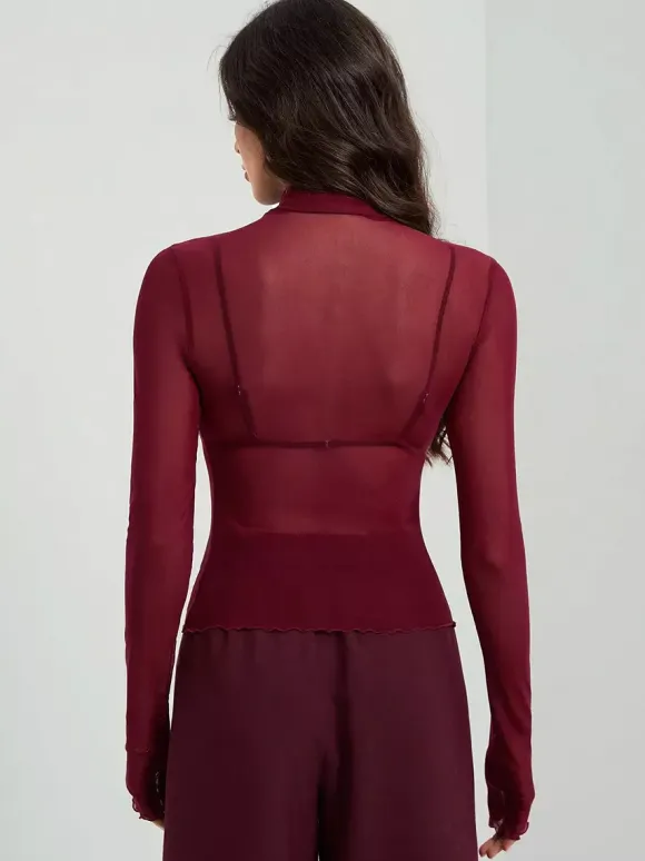 High Neck Long Sleeve Mesh Base Layer Top With Lettuce Edge For Women 2026