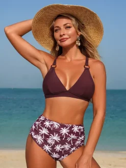 High Waist Palm Tree Print Bikini For Women - V Neck Ring Top And Ruched Bottom 2 Piece Swimsuit - Summer Beach Resort 2026